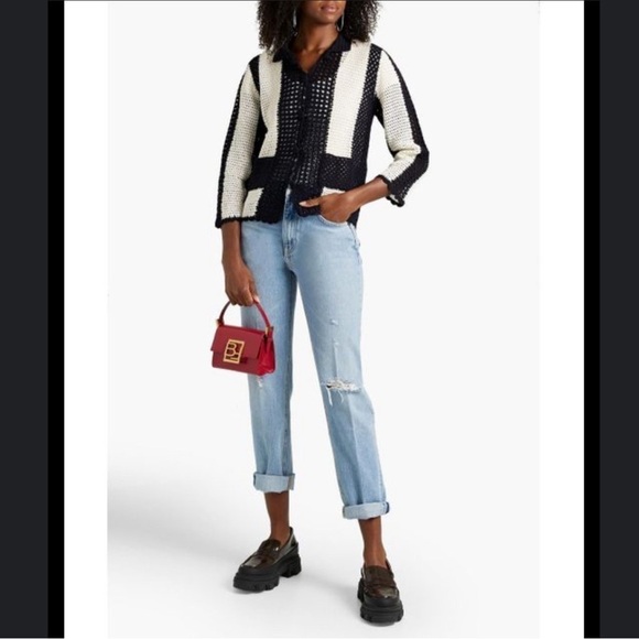 AlexaChung Blue / Ecru Bowling Two Tone Crochet Cardigan Jacket NWT Large - Picture 1 of 16